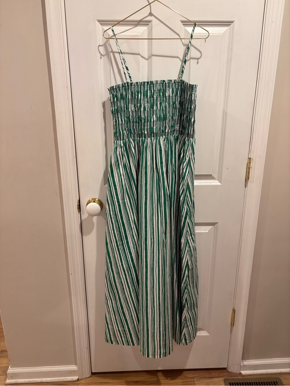 LOFT Green and White Striped Smocked Sundress